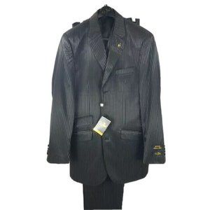 E.J. Samuel Men's Black Suit 3 Piece Pleated Pant Pinstripe Size 38L W32"
